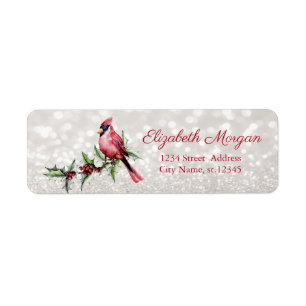 Red Cardinal Holly Berry Bokeh Return Address Label