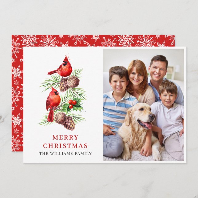 Red Cardinal Holly Berry Christmas Greeting PHOTO Holiday Card (Front/Back)
