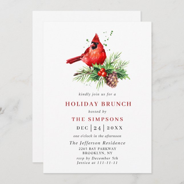 Red Cardinal Holly Berry Christmas HOLIDAY BRUNCH Invitation (Front/Back)