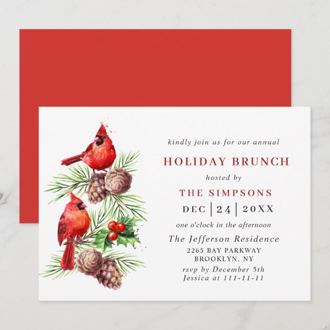 Red Cardinal Holly Berry Christmas HOLIDAY BRUNCH Invitation (Front/Back)