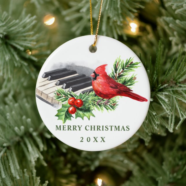Red Cardinal Holly Berry Christmas Holiday Ceramic Ornament (Tree)