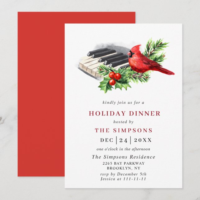 Red Cardinal Holly Berry Christmas HOLIDAY DINNER Invitation (Front/Back)
