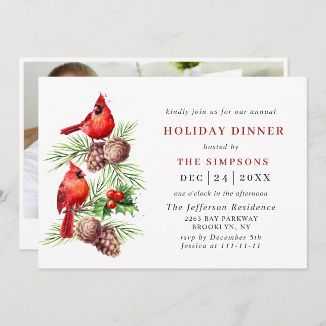 Red Cardinal Holly Berry Christmas HOLIDAY DINNER Invitation (Front/Back)