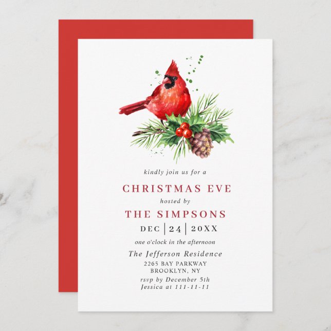 Red Cardinal Holly Berry Holiday CHRISTMAS EVE Invitation (Front/Back)
