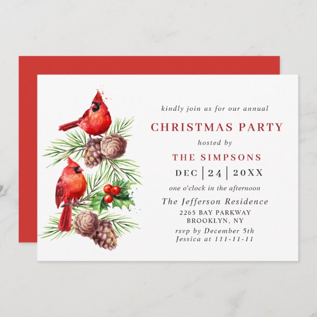 Red Cardinal Holly Berry Holiday CHRISTMAS PARTY Invitation (Front/Back)