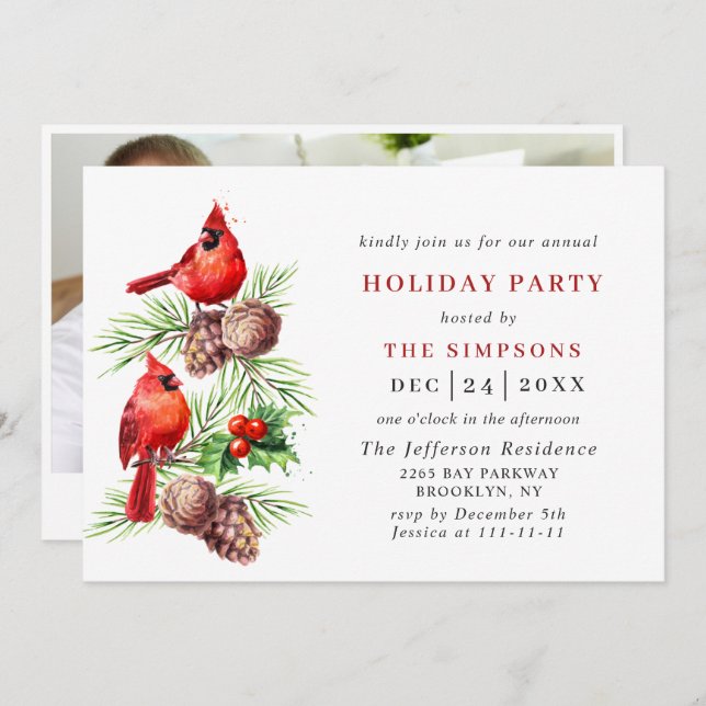 Red Cardinal Holly Berry Holiday CHRISTMAS PARTY Invitation (Front/Back)