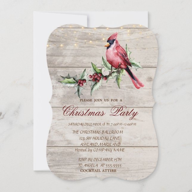 Red Cardinal Holly Berry Wood Christmas Corporate Invitation (Front)