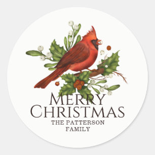Red Cardinal Holly Christmas Custom Name Classic Round Sticker