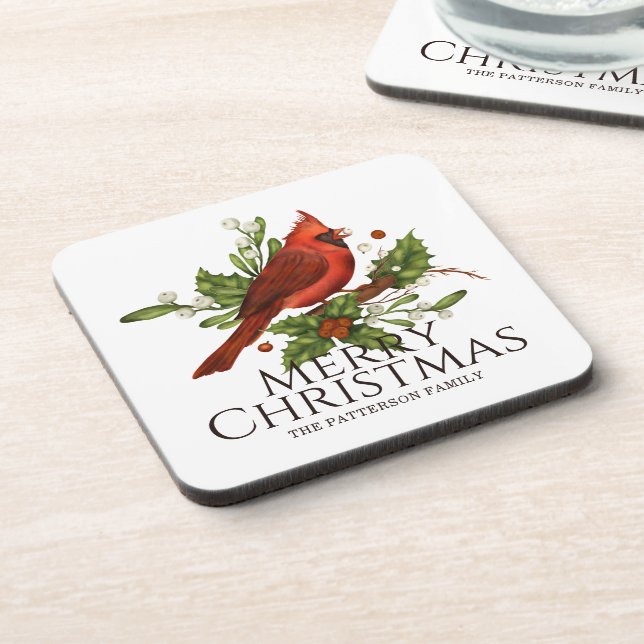 Red Cardinal Holly Christmas Custom Name Gift Coaster (Left Side)