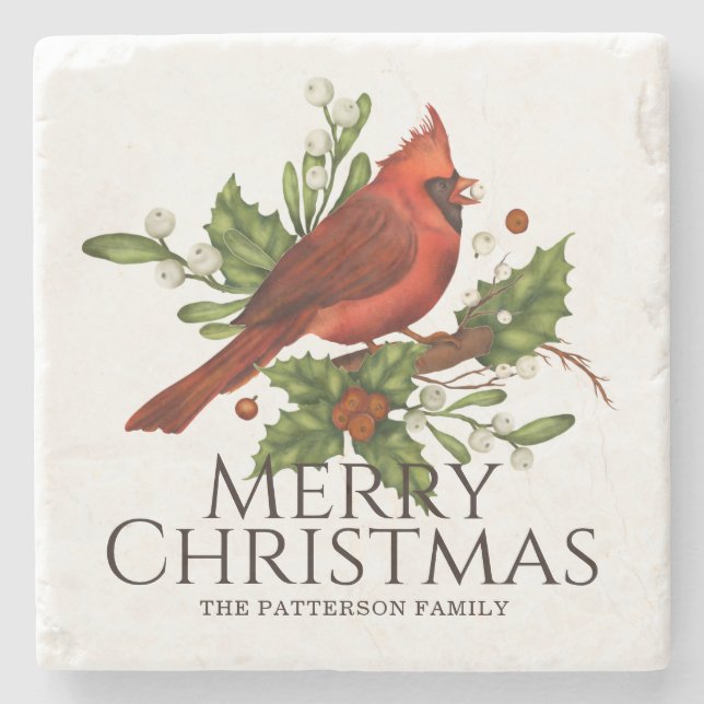 Red Cardinal Holly Christmas Custom Name Gift Stone Coaster (Front)