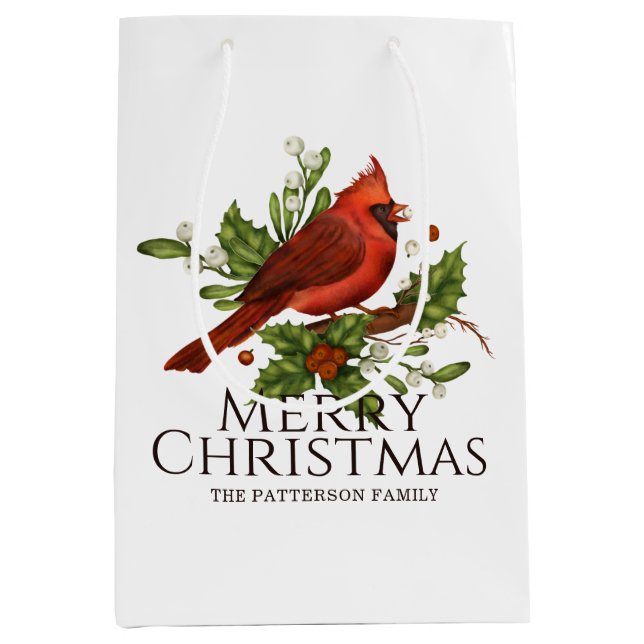 Red Cardinal Holly Christmas Custom Name Medium Gift Bag (Front)
