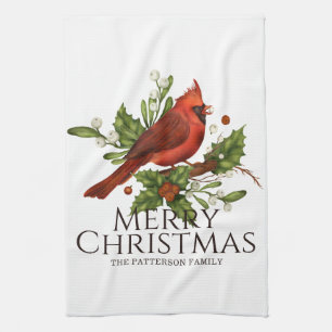 Red Cardinal Holly Christmas Kitchen Gift Tea Towel