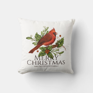 Red Cardinal Holly Christmas Name Gift Cushion