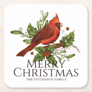 Red Cardinal Holly Christmas Name Gift Square Paper Coaster