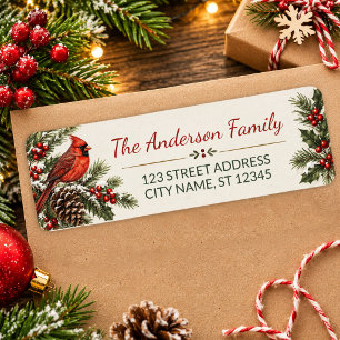 Red Cardinal Holly & Pinecones Return Address Label