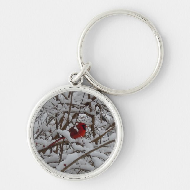 Red Cardinal in a Snow Filled Tree Key Chian Ring (Front)