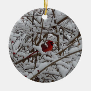 Red Cardinal in a Snow Filled Tree Ornament