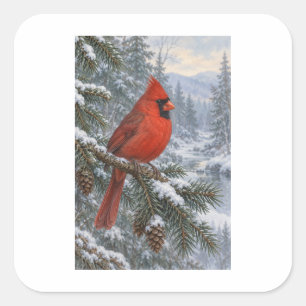 Red Cardinal in a Snowy Woodland Landscape Square Sticker