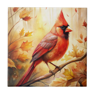 Red Cardinal in Autumn Fall Ceramic Tile