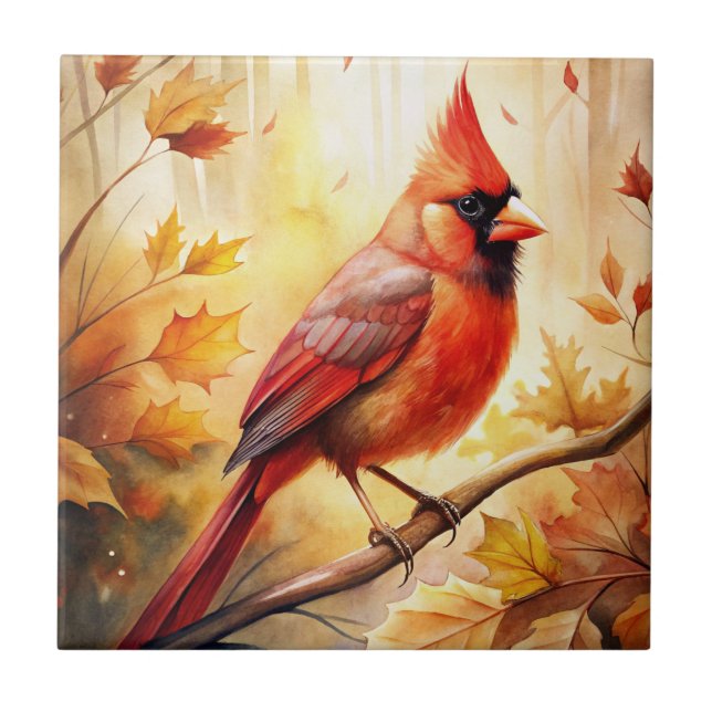 Red Cardinal in Autumn Fall Ceramic Tile (Front)