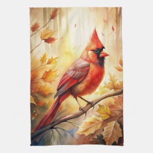 Red Cardinal in Autumn Fall Tea Towel