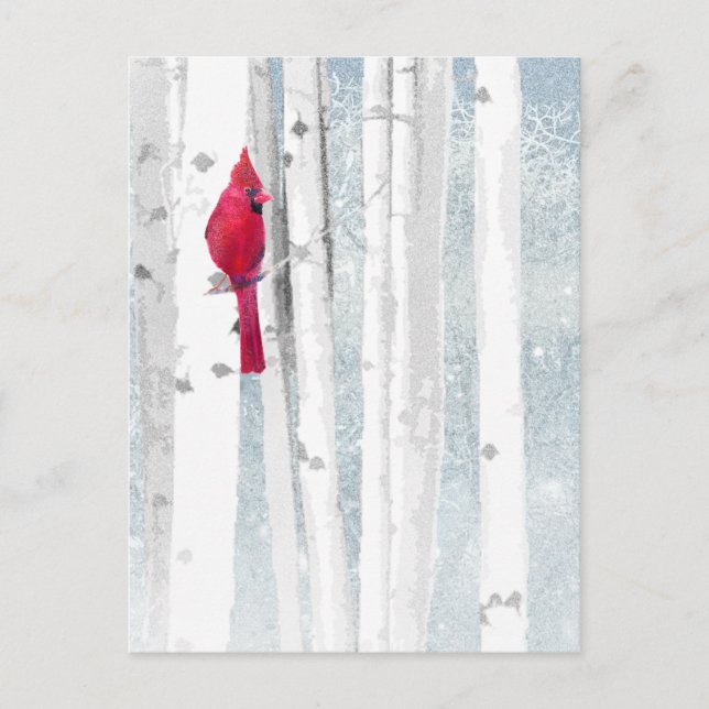 Red Cardinal in beautiful snowy Birch Tree Forest Postcard (Front)