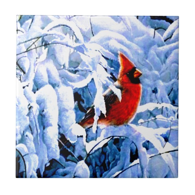 Red Cardinal In the Winter Snow Ceramic Tile (Front)
