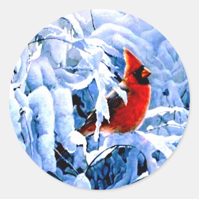 Red Cardinal In the Winter Snow Classic Round Sticker (Front)