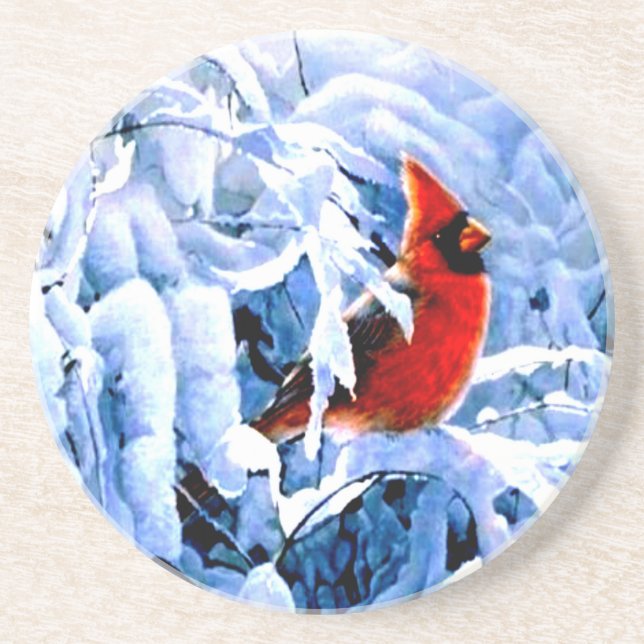 Red Cardinal In the Winter Snow Coaster (Front)