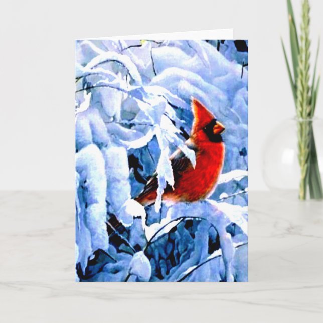 Red Cardinal In the Winter Snow Holiday Card (Front)