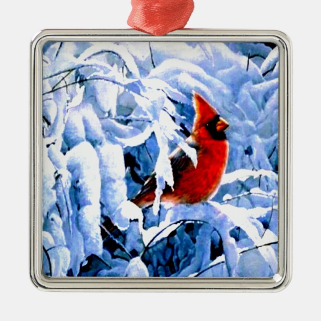 Red Cardinal In the Winter Snow Metal Ornament (Front)