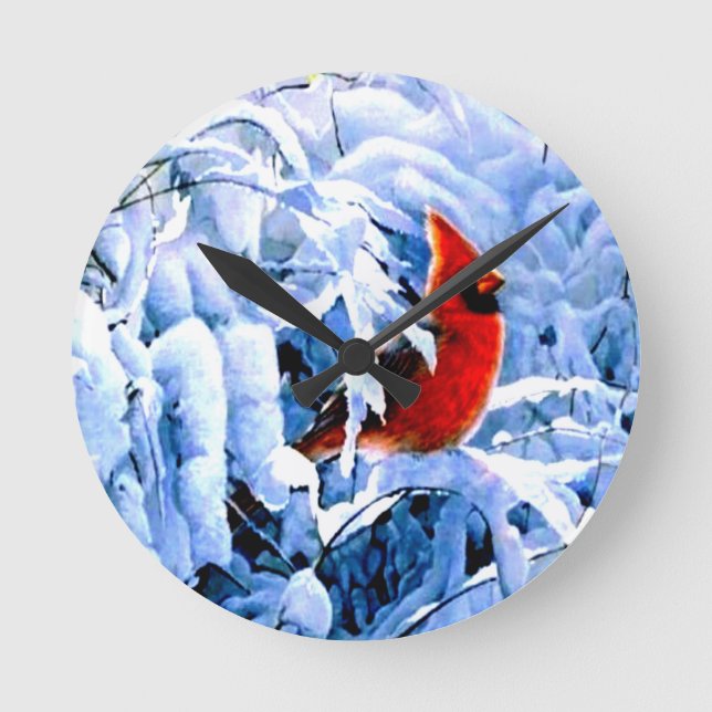 Red Cardinal In the Winter Snow Round Clock (Front)