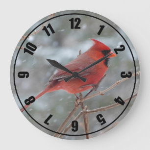 Red cardinal in Winter Large Clock