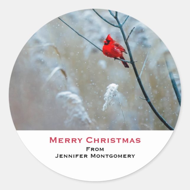Red Cardinal in Winter Nature Photo Christmas Classic Round Sticker (Front)