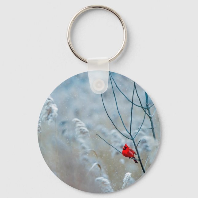 Red Cardinal in Winter Nature Photo Christmas Key Ring (Front)
