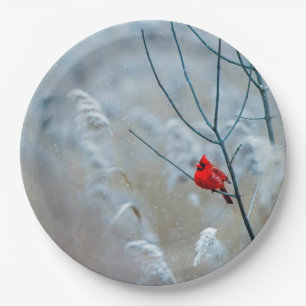 Red Cardinal in Winter Nature Photo Christmas Paper Plate