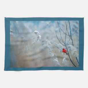 Red Cardinal in Winter Nature Photo Christmas Tea Towel