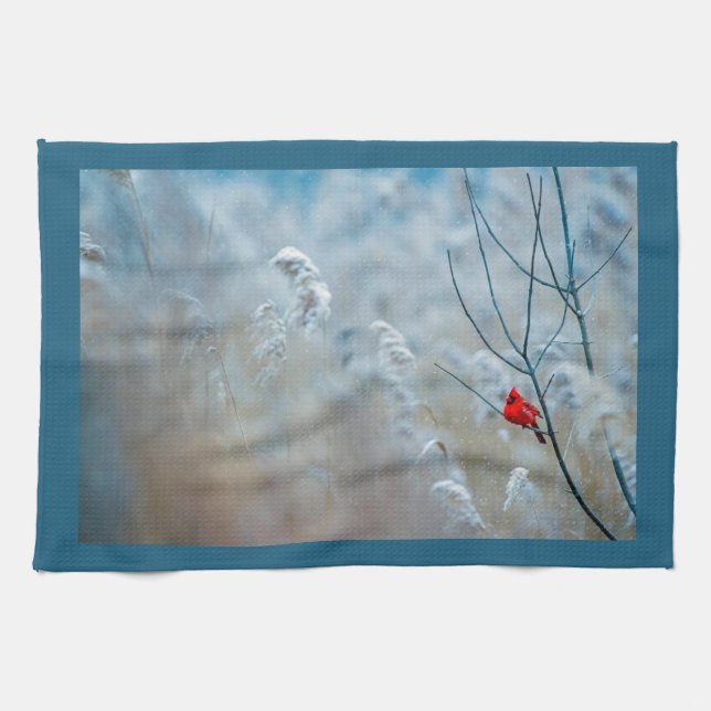 Red Cardinal in Winter Nature Photo Christmas Tea Towel (Horizontal)