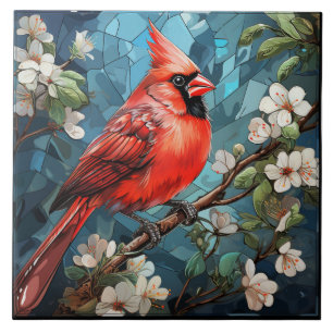 Red Cardinal Inspired Bird with White Blossoms Ceramic Tile