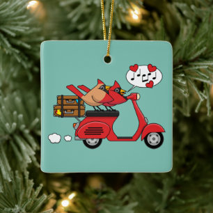 Red Cardinal Lovers on Scooter Ceramic Ornament