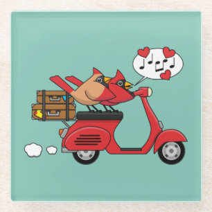 Red Cardinal Lovers on Scooter Glass Coaster