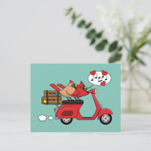 Red Cardinal Lovers on Scooter Holiday Postcard