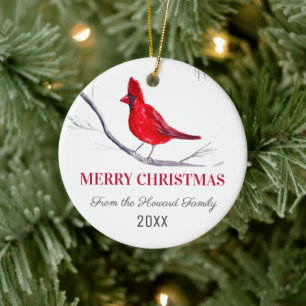 Red Cardinal Merry Christmas Bird Winter Ceramic Ornament