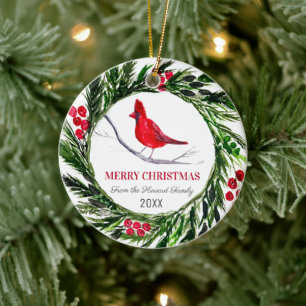 Red Cardinal Merry Christmas Bird Winter Ceramic Ornament