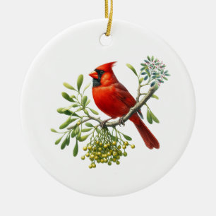Red Cardinal on a Branch of Mistletoe Ceramic Ornament