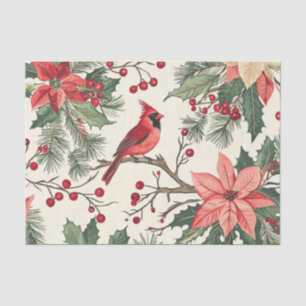 Red Cardinal on a Branch with Poinsettias Tissue Paper