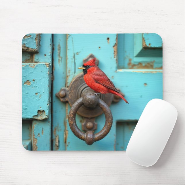 Red Cardinal On a Rusty Door Knocker Mouse Pad (With Mouse)