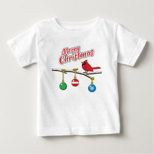 Red Cardinal on Christmas Bare Branch - Merry Xmas Baby T-Shirt