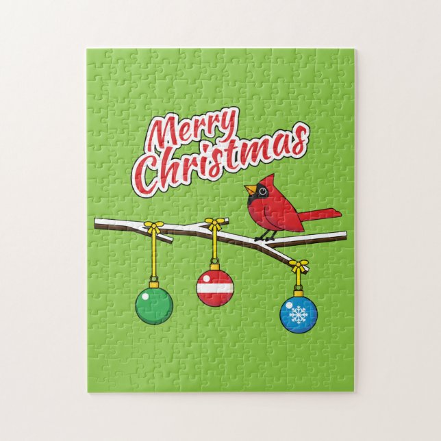 Red Cardinal on Christmas Bare Branch - Merry Xmas Jigsaw Puzzle (Vertical)