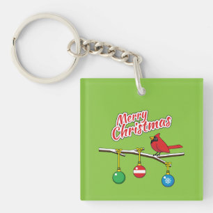 Red Cardinal on Christmas Bare Branch - Merry Xmas Key Ring